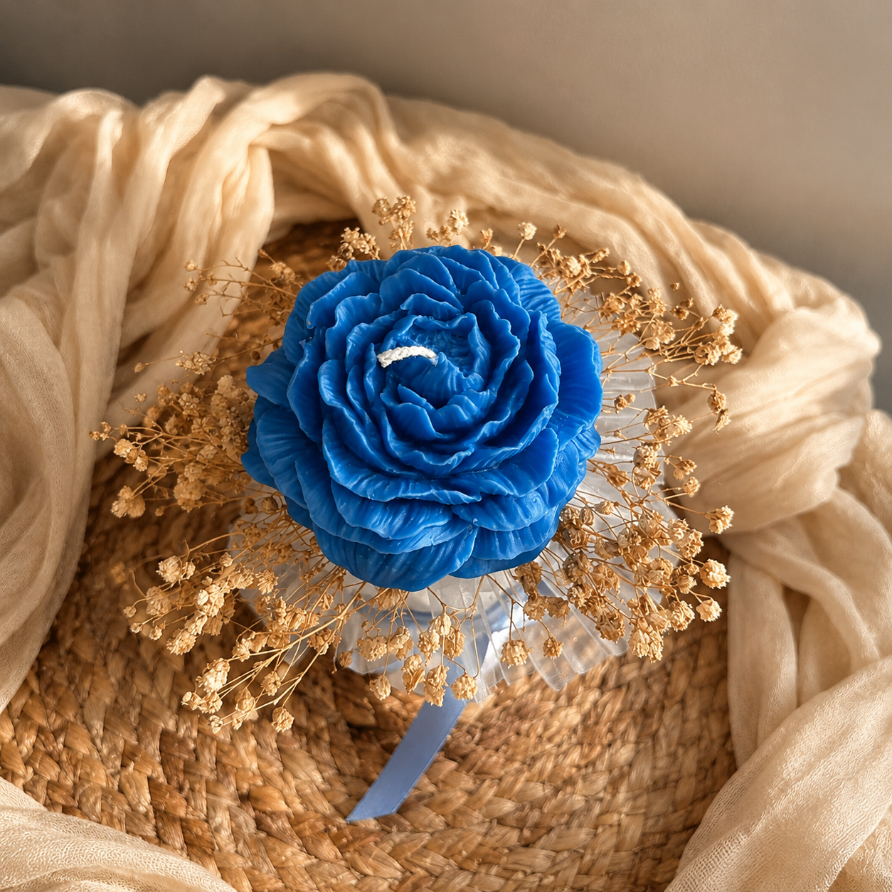 Blue Rose Twisted Pillar Candle with Dried Florals | Artisan Soy Candle