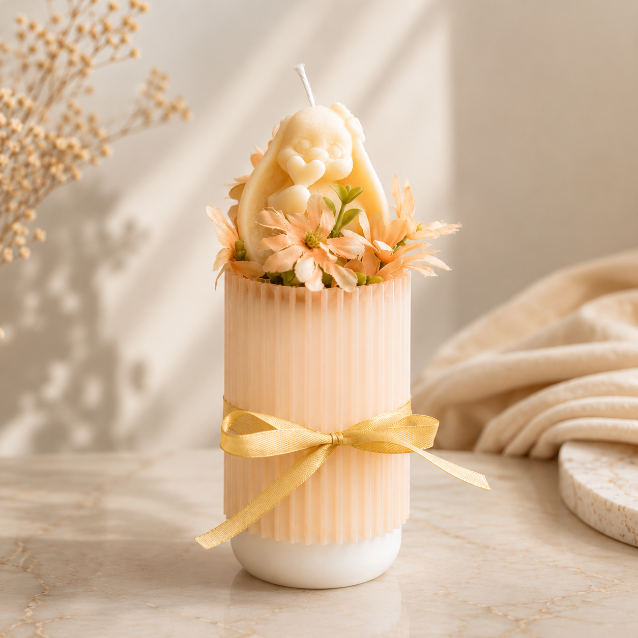 Ribbed Pillar Candle with Bunny Topper & Floral Accents | Artisan Soy Candle