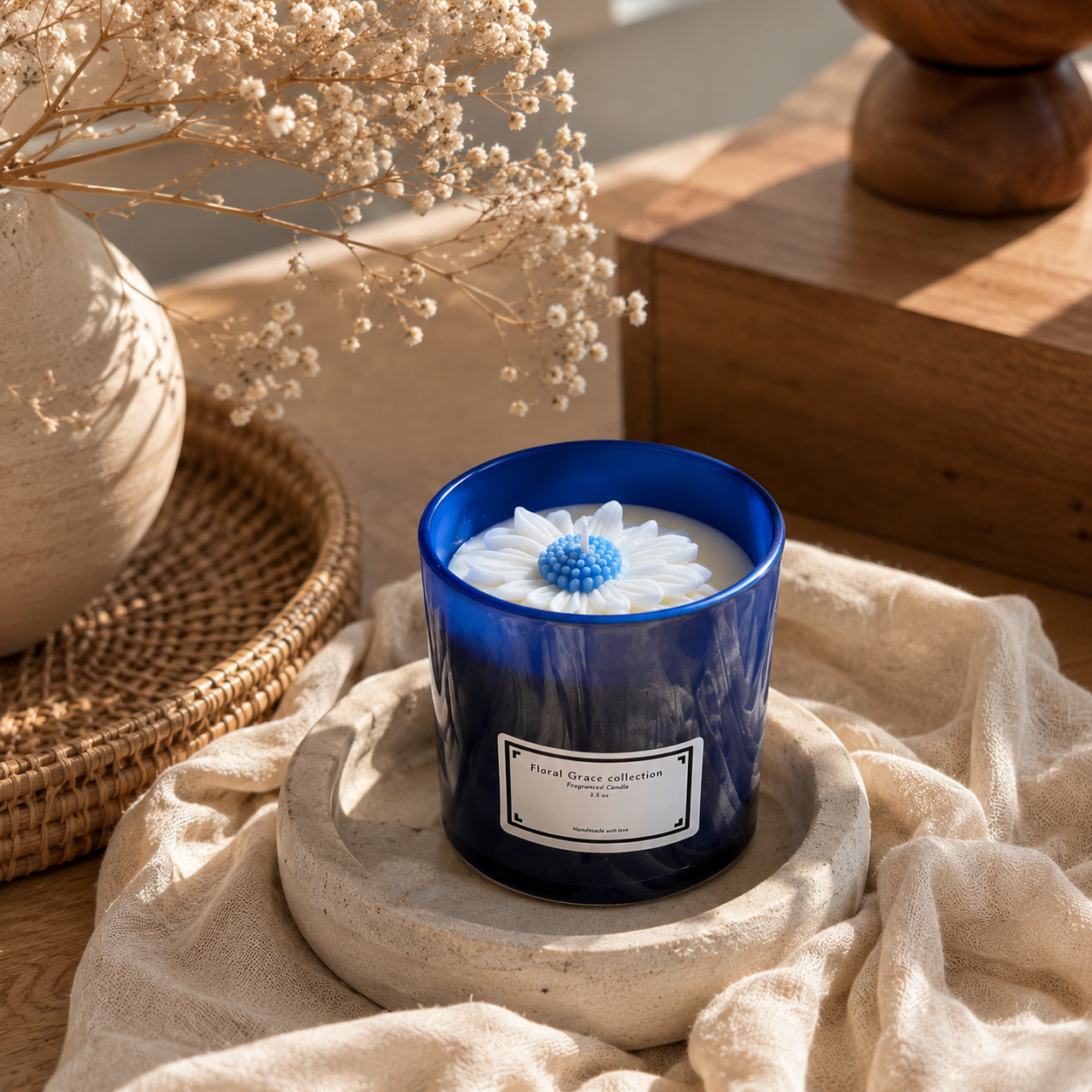 Velas con margaritas en azules serenos - Dulce Menta