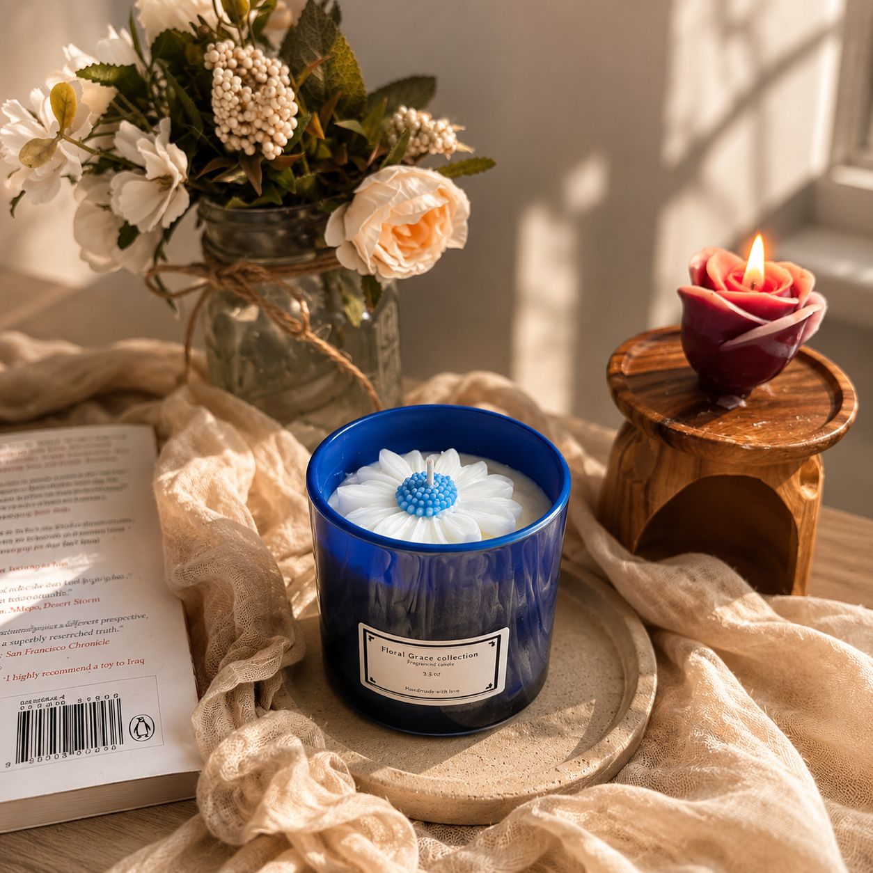 Velas con margaritas en azules serenos - Dulce Menta