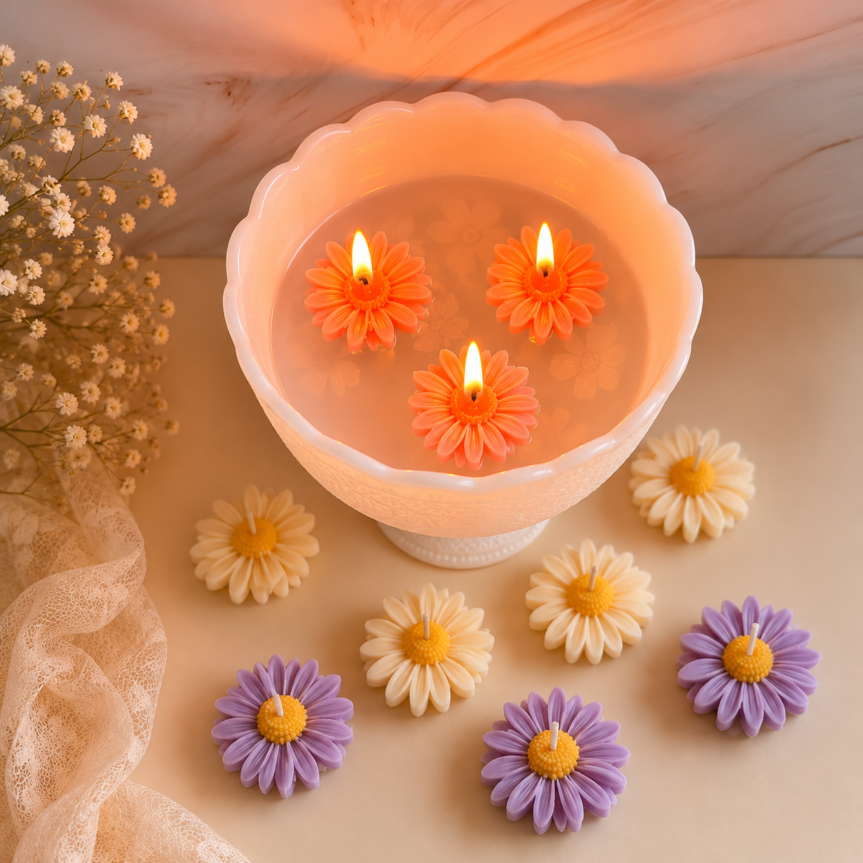 Floating Daisy & Heart Candle Gift Set