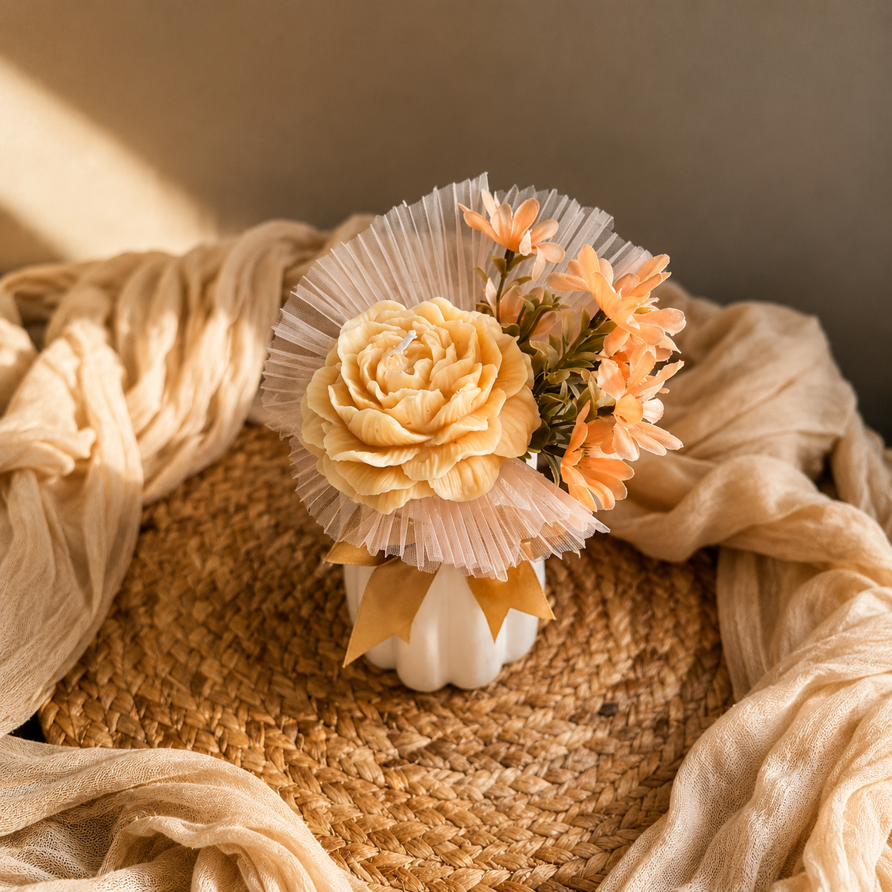 Ivory Peony Ribbed Pillar Candle with Floral & Ribbon Accents | Artisan Soy Candle
