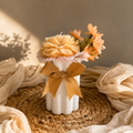 Ivory Peony Ribbed Pillar Candle with Floral & Ribbon Accents | Artisan Soy Candle