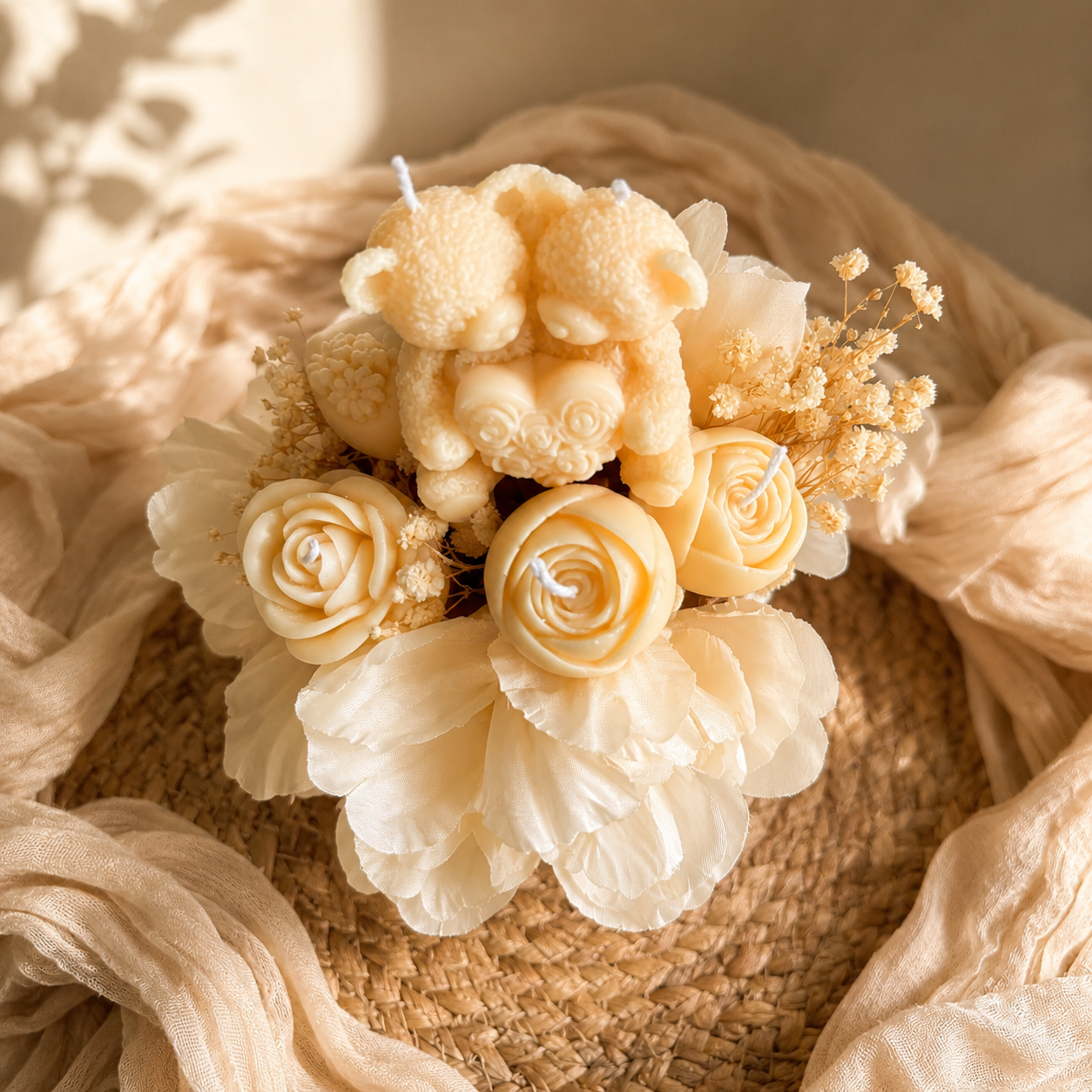 Ivory Rose & Teddy Bear Candle Bouquet