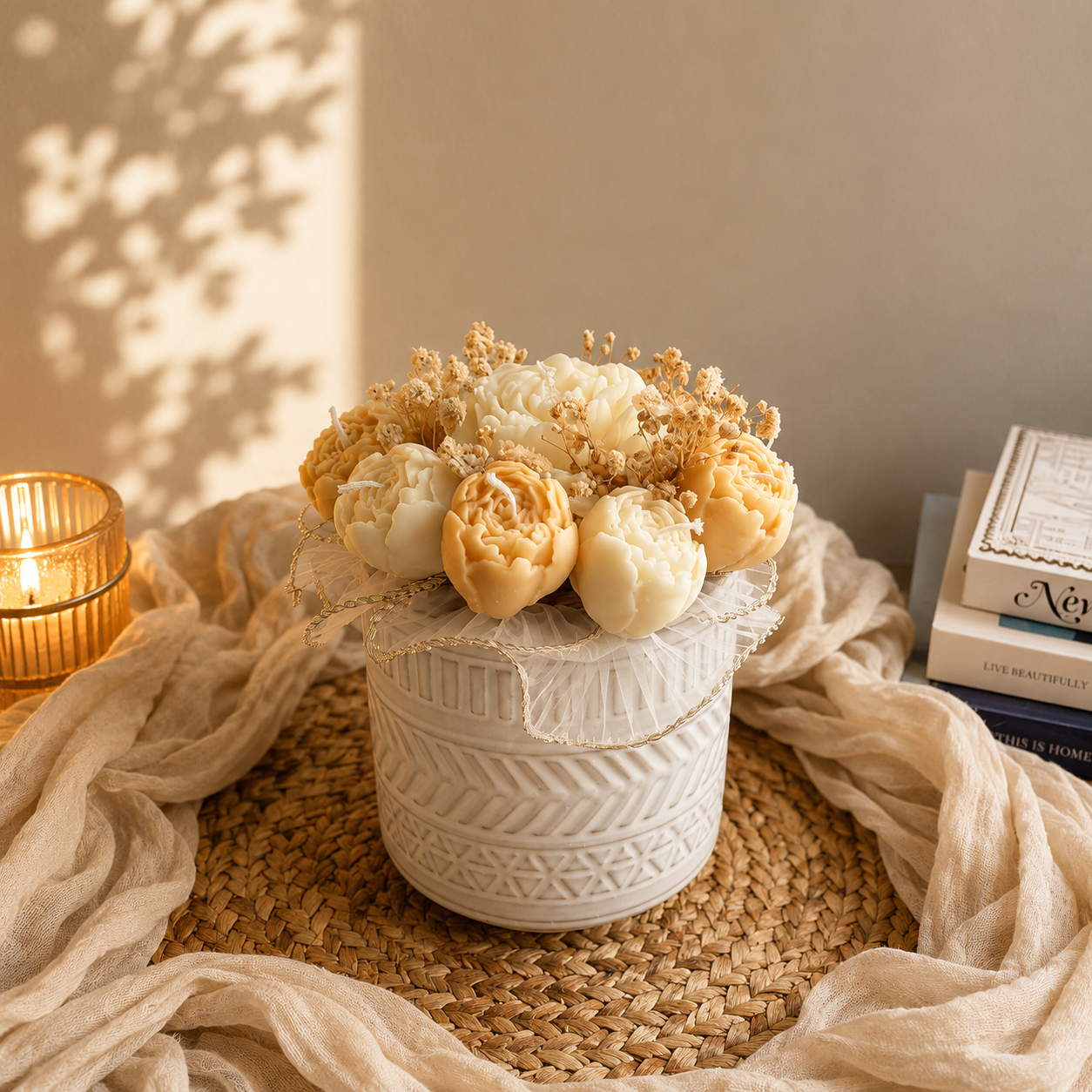 Peony Rose Candle Bouquet in Textured Ceramic Vase | Sculpted Soy Candle Arrangement