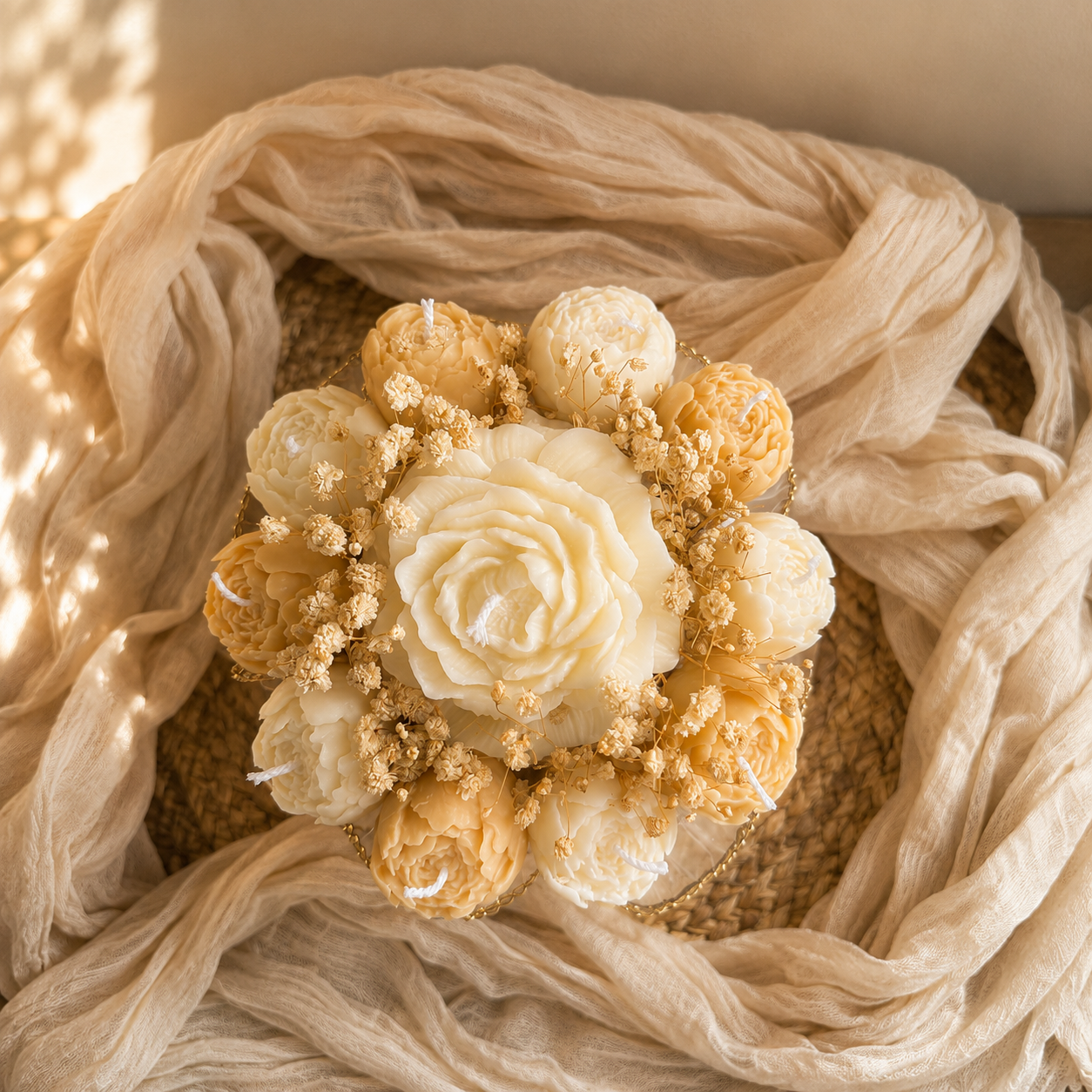 Peony Rose Candle Bouquet in Textured Ceramic Vase | Sculpted Soy Candle Arrangement