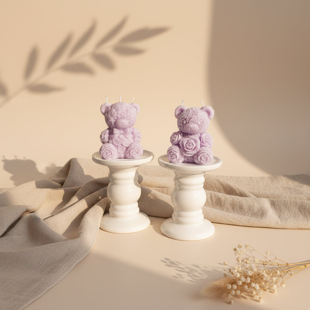 Two lavender purple teddy bear candles with rose details, displayed on white pedestal stands on a gold surface with beige fabric in the background.
