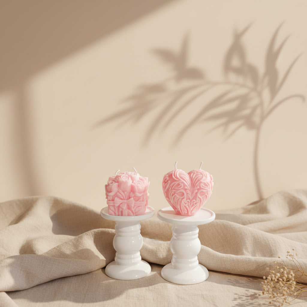 Two pink decorative candles displayed on white pedestal stands, with one candle shaped like a flower and the other like a heart, set against a neutral gray background with draped beige fabric.