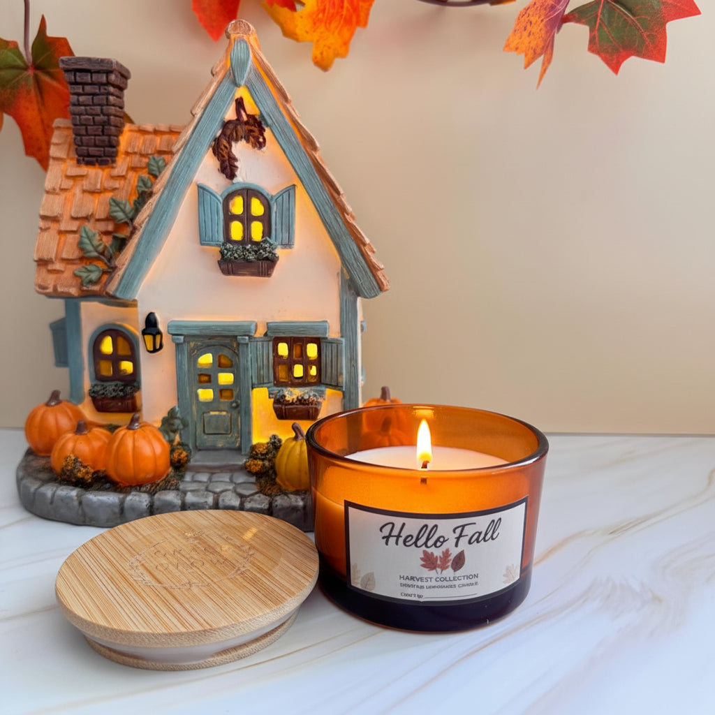 "Harvest Collection – Hello Fall"Fall Candle – Hello Fall Harvest Soy Candle | Autumn Pumpkin Spice Scented Jar Candle, Handmade 4oz