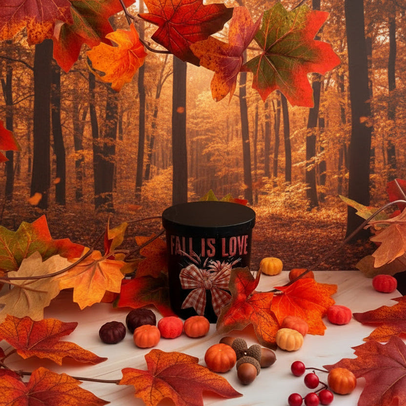 A black cylindrical candle with 'FALL IS LOVE' printed on the front, styled with autumn maple leaves, small orange pumpkins, and berries on a light marble surface against a beige backdrop.The scene should reflect a refined autumn atmosphere inspired by  Capture the warm, golden-hour glow of the skyline at dusk, with soft amber light filtering through a window. Use a sophisticated seasonal palette with deep amber, burnt orange, warm browns, taupe, and muted neutrals, evoking a cozy yet elevated fall evening 