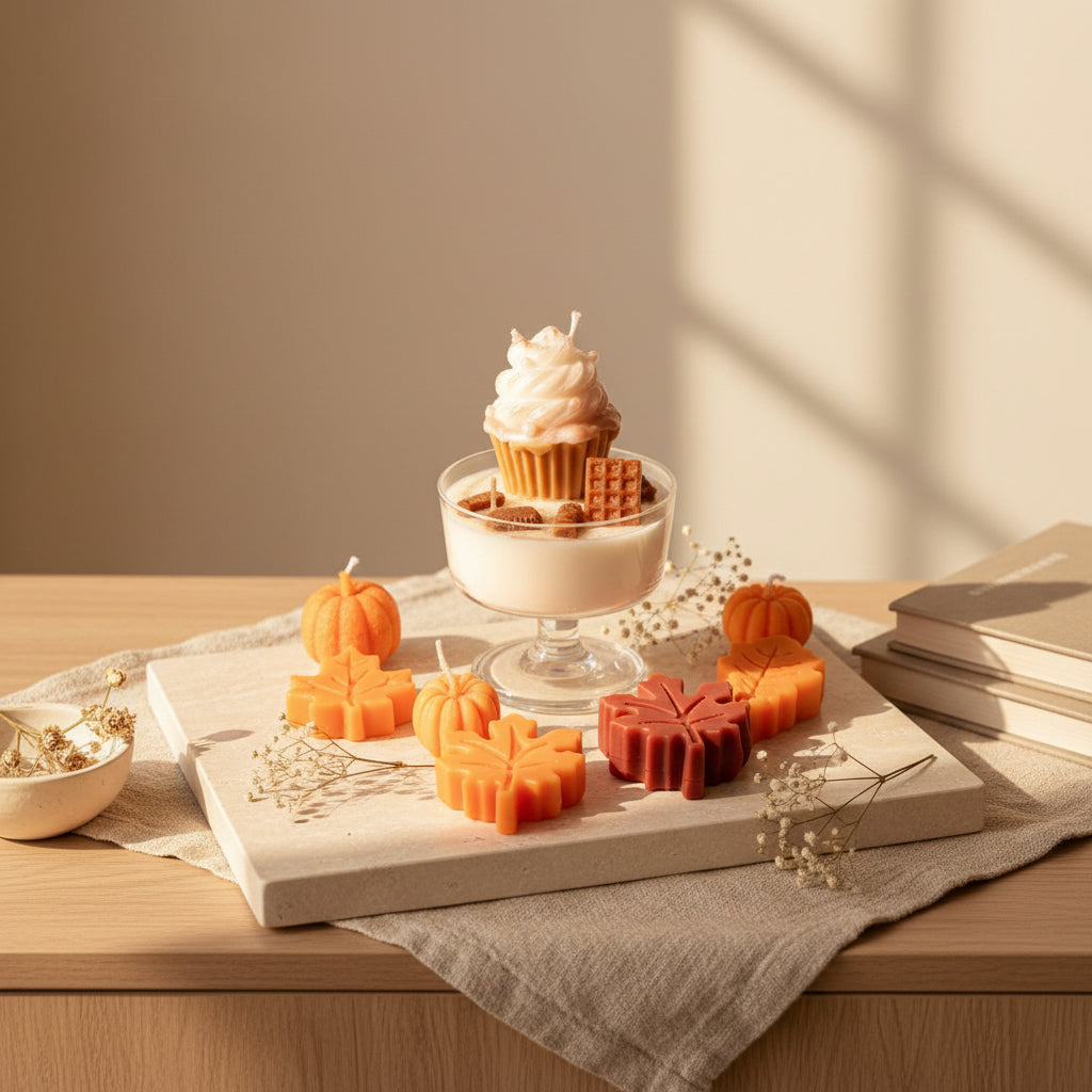 By Grace Glow Autumn Embeds Candle – Handmade Fall Decorated Candle with Wax Toppers | Pumpkin, Maple Leaf & Seasonal Wax Melts