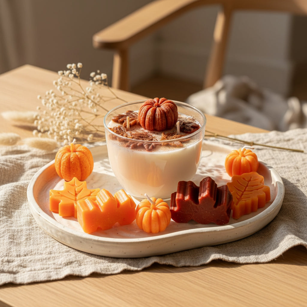 By Grace Glow Autumn Embeds Candle – Handmade Fall Decorated Candle with Wax Toppers | Pumpkin, Maple Leaf & Seasonal Wax Melts