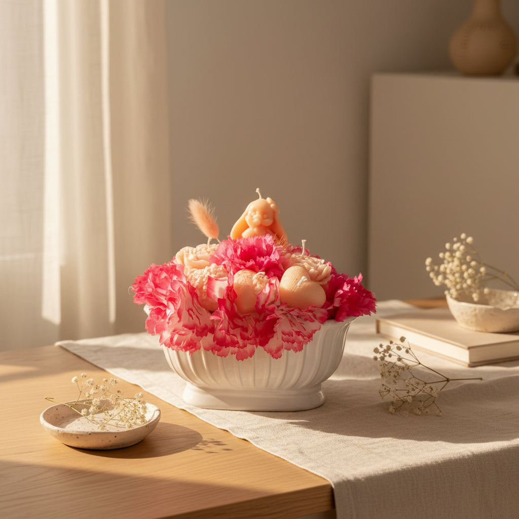 By Grace Glow Garden Bunny Candle – Handmade Floral Bowl Candle with Carnations, Wax Blooms & Bunny Topper | Whimsical Gift for Her
