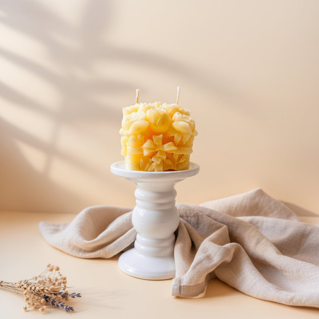 A yellow textured candle with two wicks displayed on a white ceramic pedestal against a light marble-patterned background.