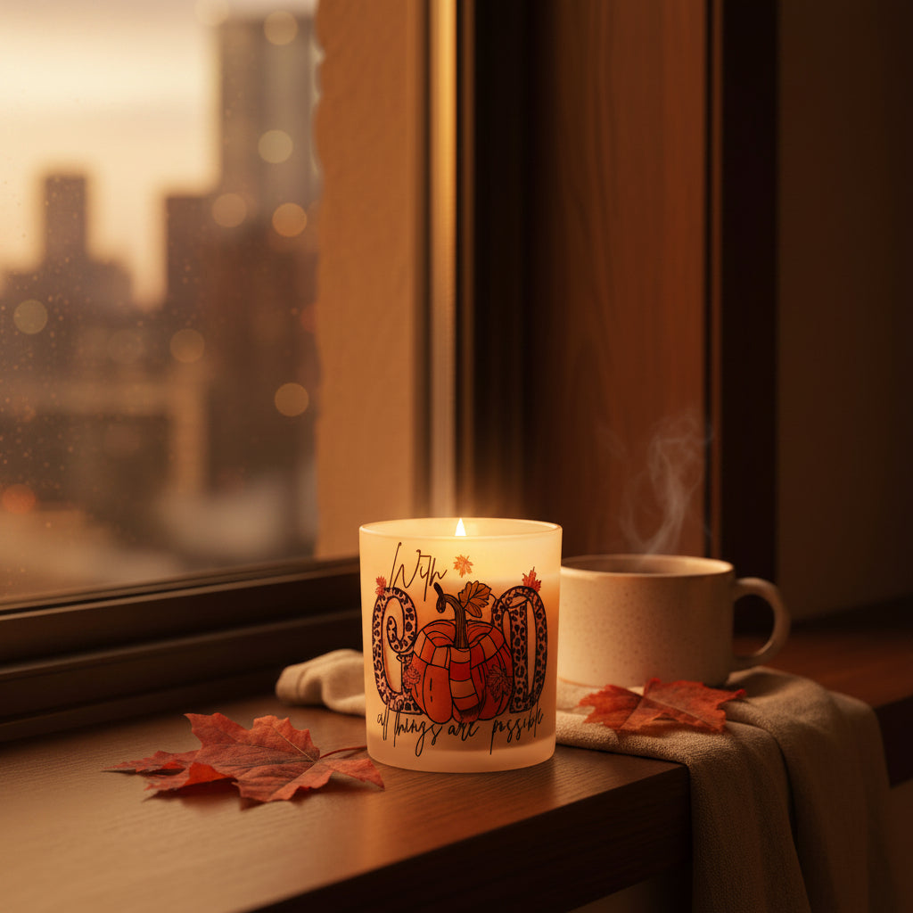 With God All Things Are Possible – Faith-Inspired Fall Pumpkin Soy Candle | Handmade Autumn Gift for Her