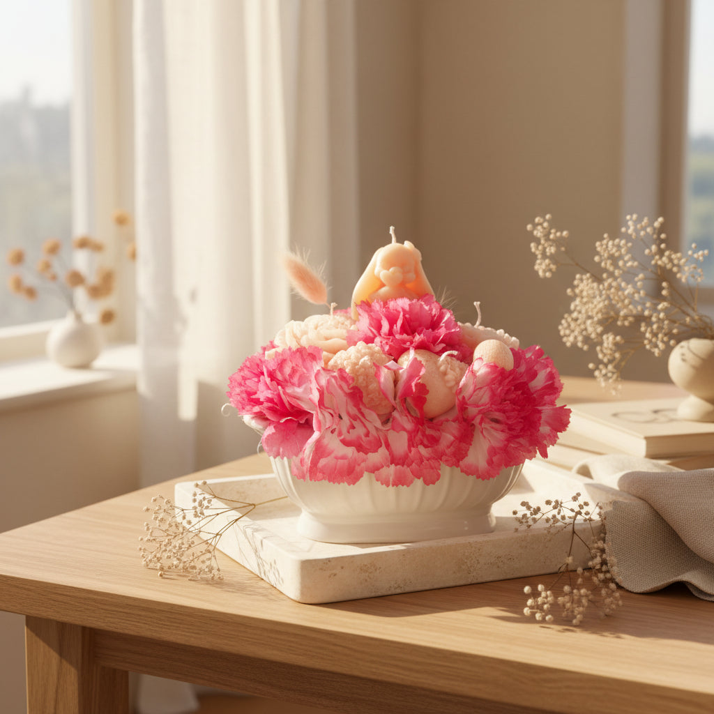 By Grace Glow Garden Bunny Candle – Handmade Floral Bowl Candle with Carnations, Wax Blooms & Bunny Topper | Whimsical Gift for Her