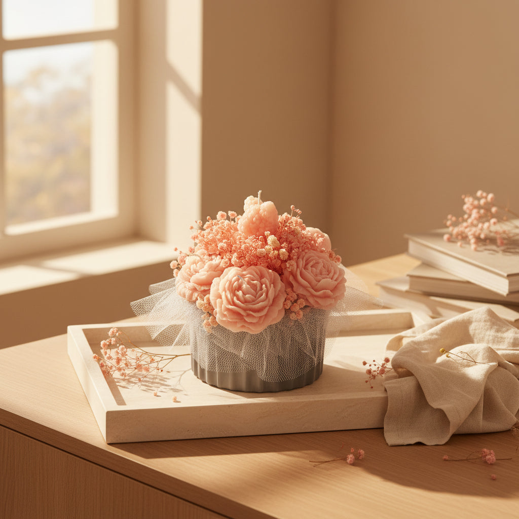 By Grace Glow Floral Bouquet Candle – Handmade Peony Rose Wax Flower Candle | Luxury Gift for Her